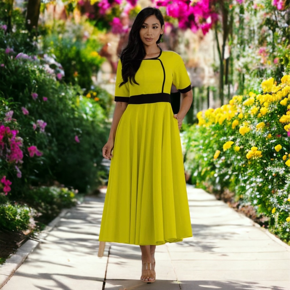 Chartreuse Contrast Trim Dress
